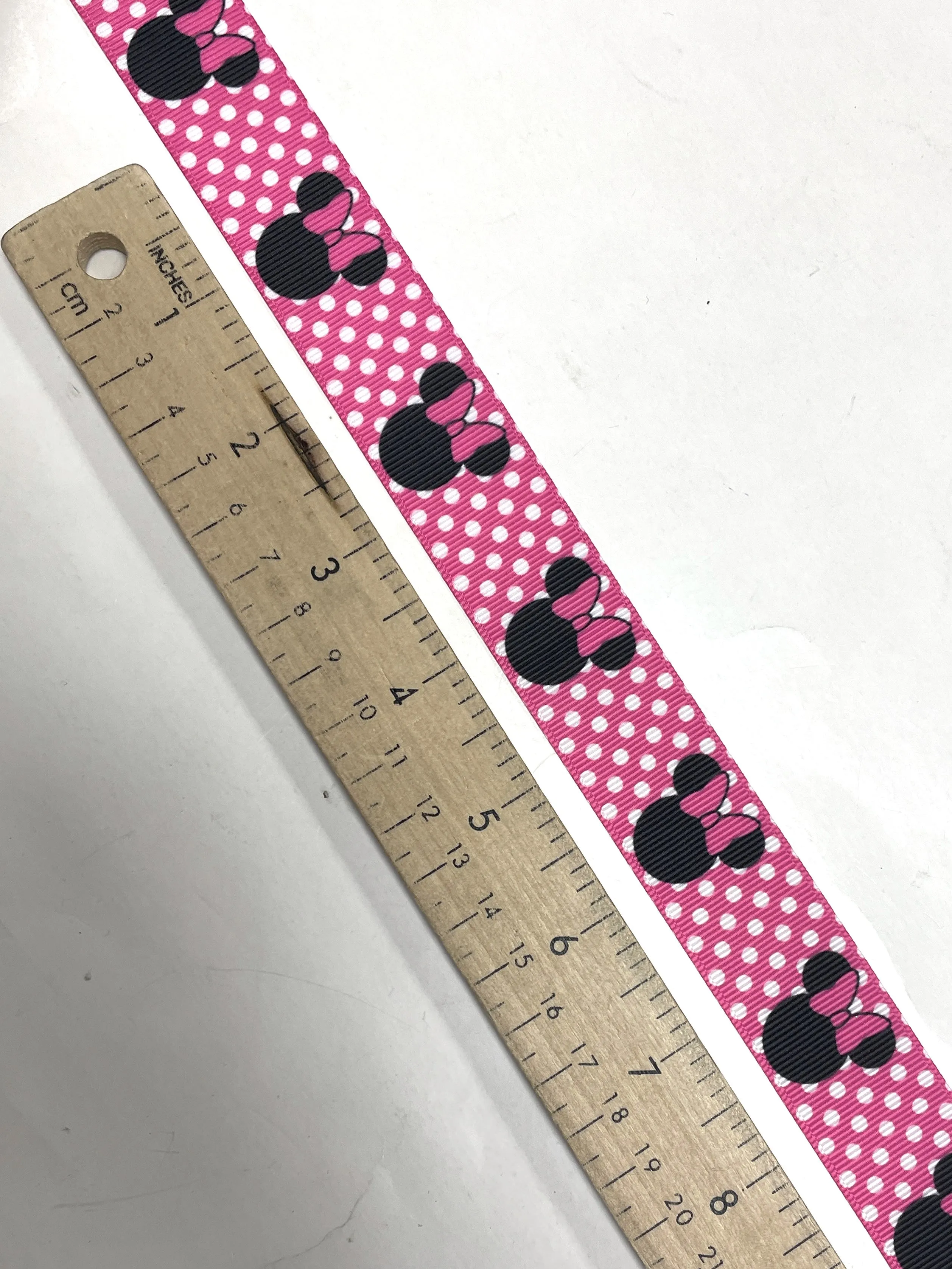 2  YD Polyester Grosgrain Ribbon - Hot Pink with White Polka Dots and Minnie Mouse