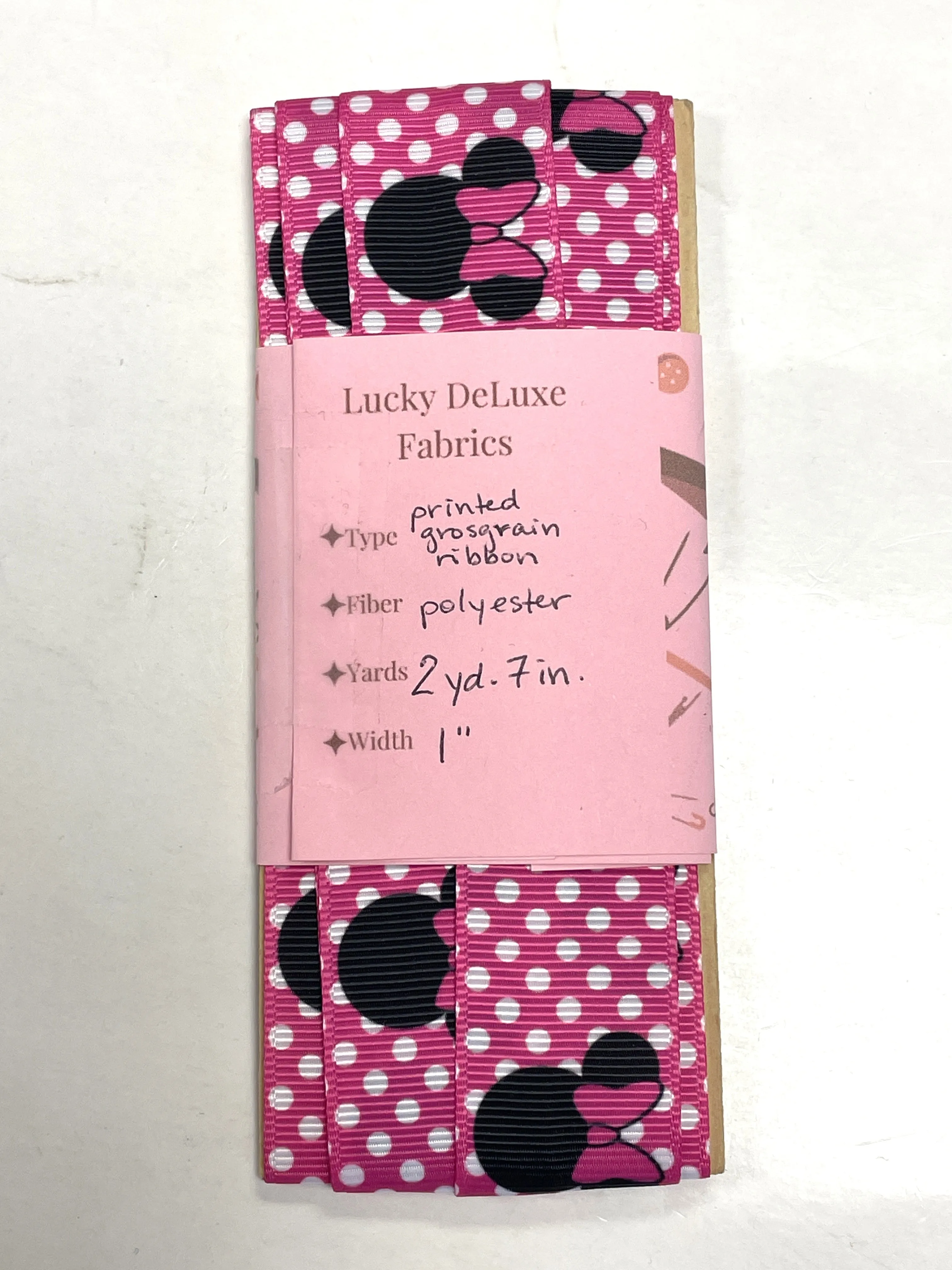 2  YD Polyester Grosgrain Ribbon - Hot Pink with White Polka Dots and Minnie Mouse