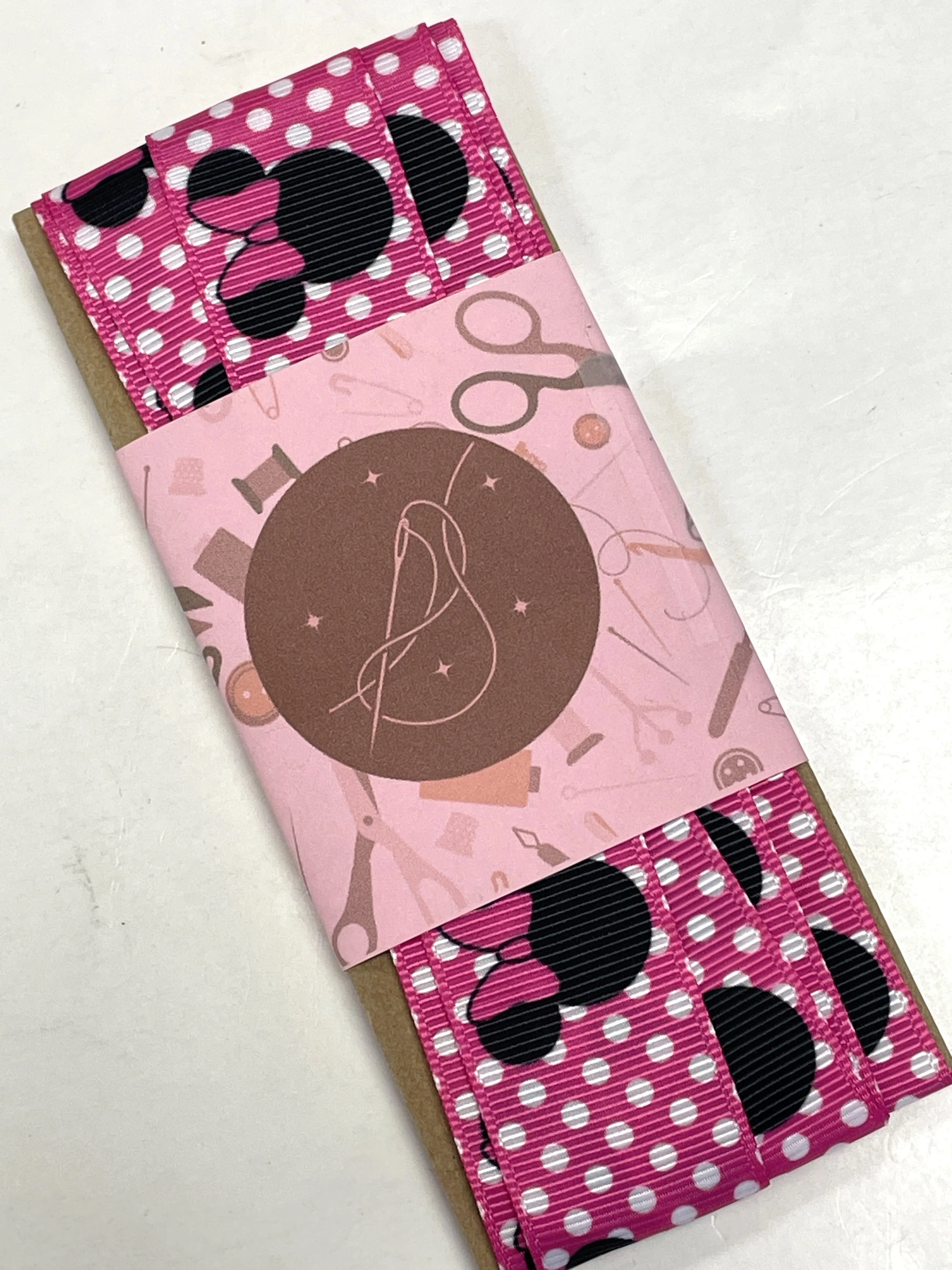 2  YD Polyester Grosgrain Ribbon - Hot Pink with White Polka Dots and Minnie Mouse