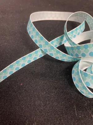 2 YD Polyester Grosgrain Ribbon Printed - White with Aqua Polka Dots