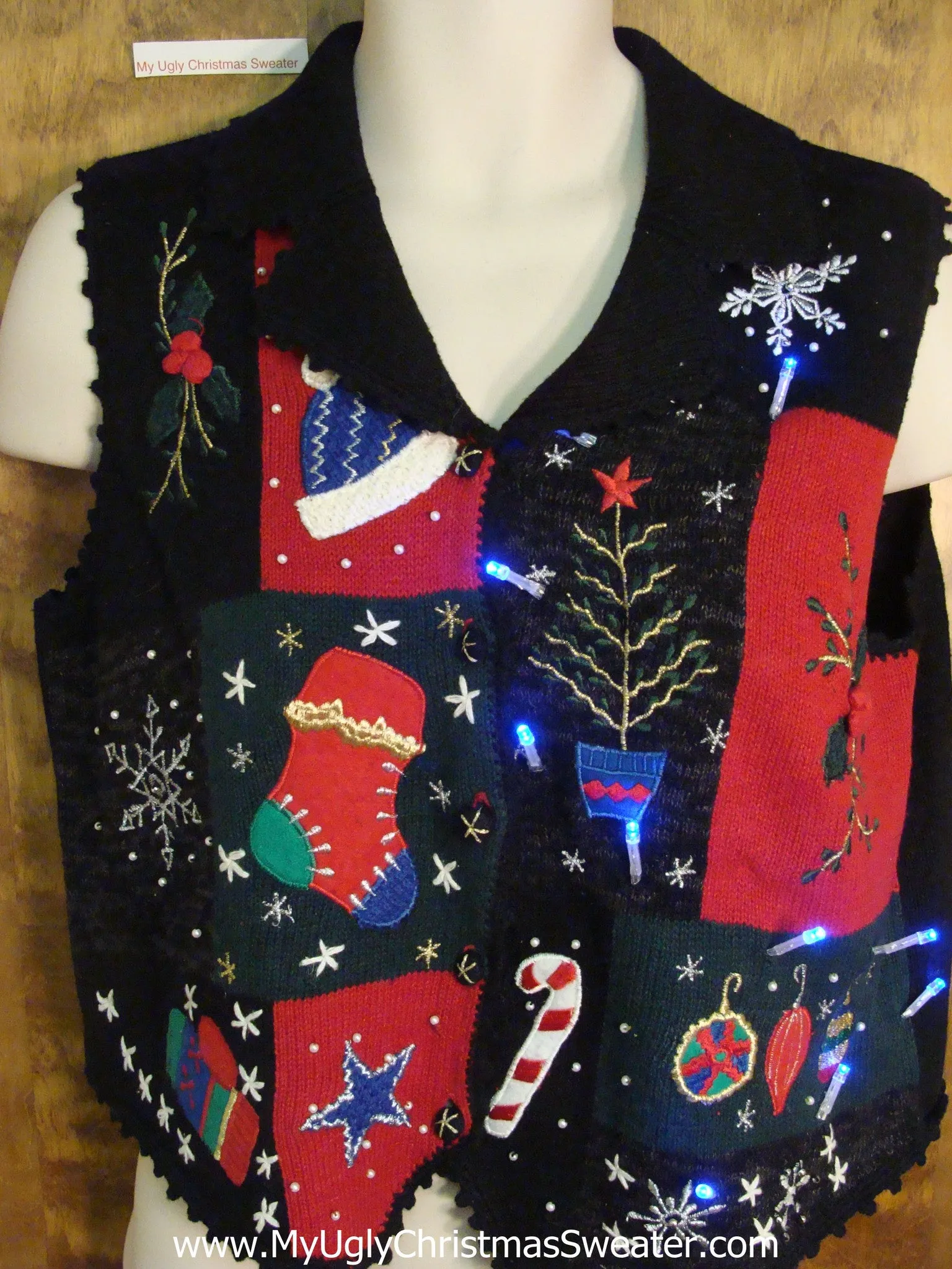 Awful Patchwork Cheesy Light Up Ugly Xmas Sweater Vest