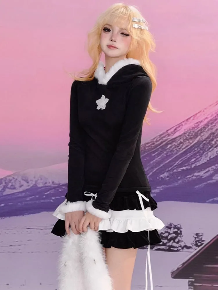 Black Star Applique Plush Trim Hooded Slim-fit Top