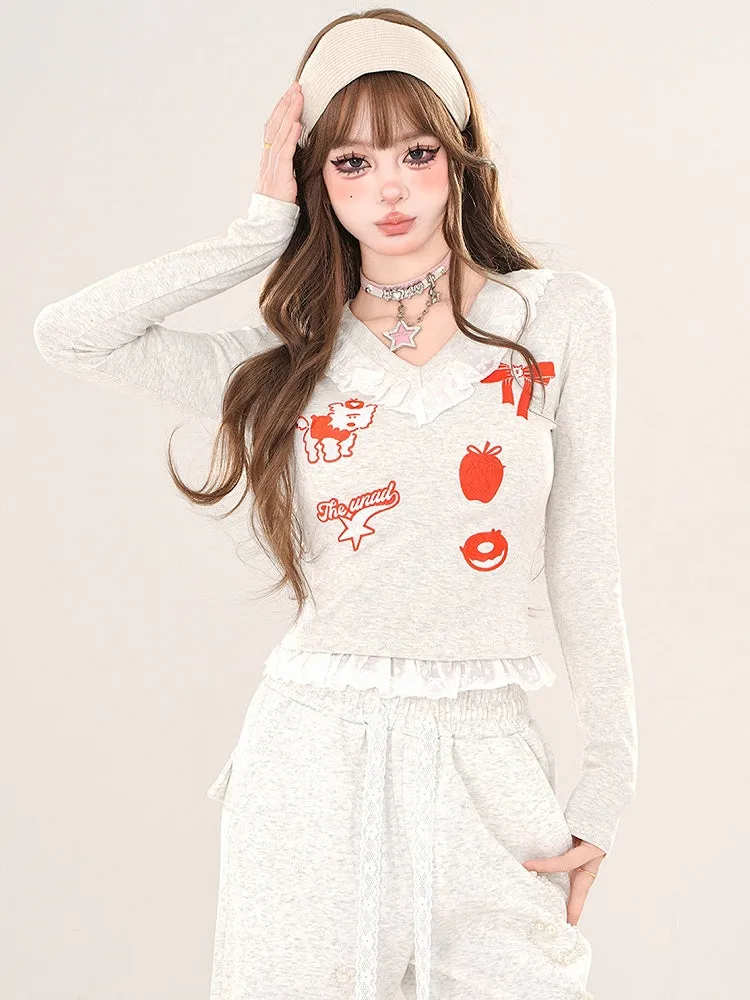 Black/Grey Cartoon V-neck Slim-fit Top Lace Trim
