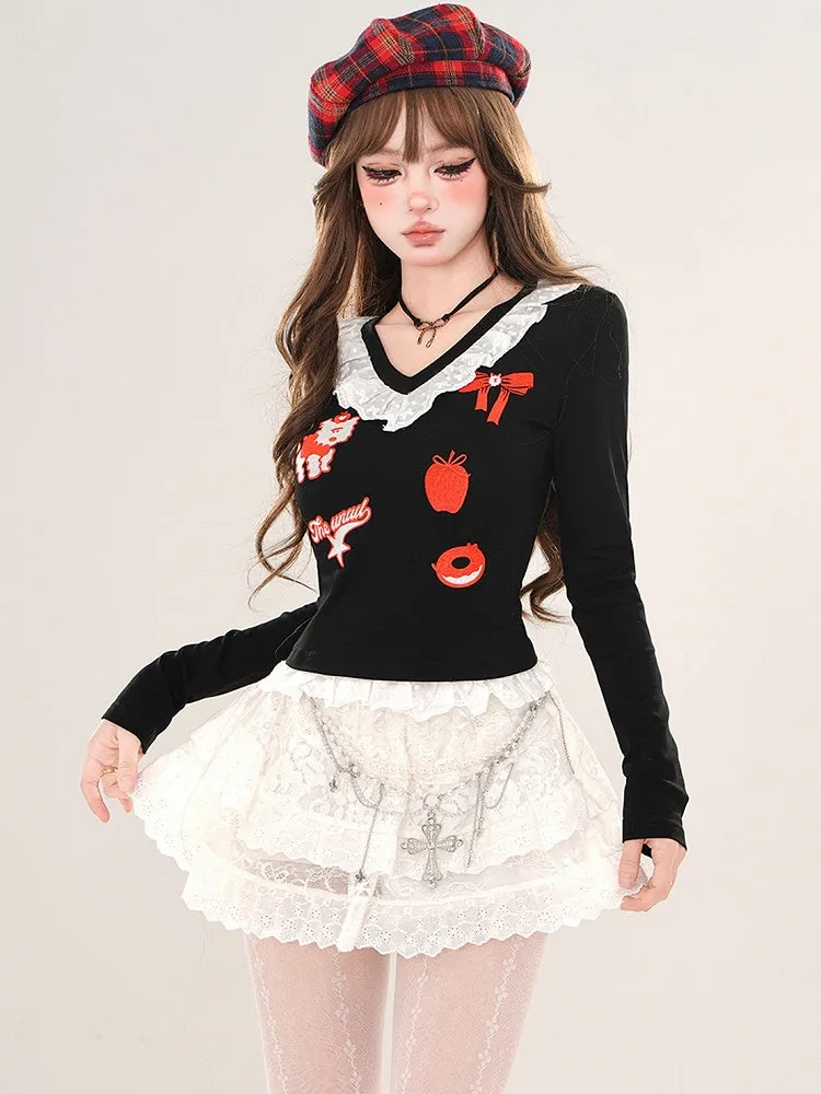 Black/Grey Cartoon V-neck Slim-fit Top Lace Trim