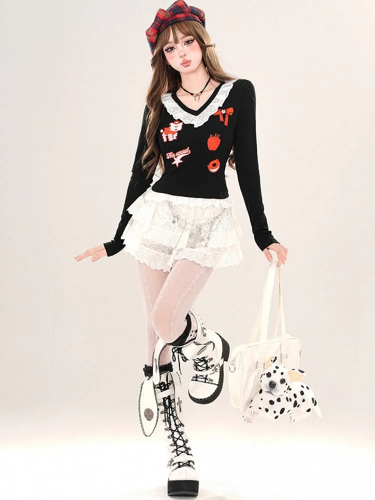 Black/Grey Cartoon V-neck Slim-fit Top Lace Trim