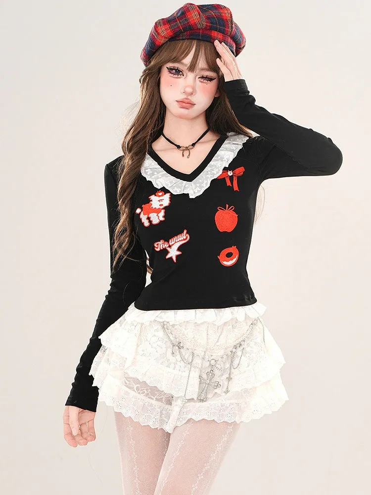 Black/Grey Cartoon V-neck Slim-fit Top Lace Trim