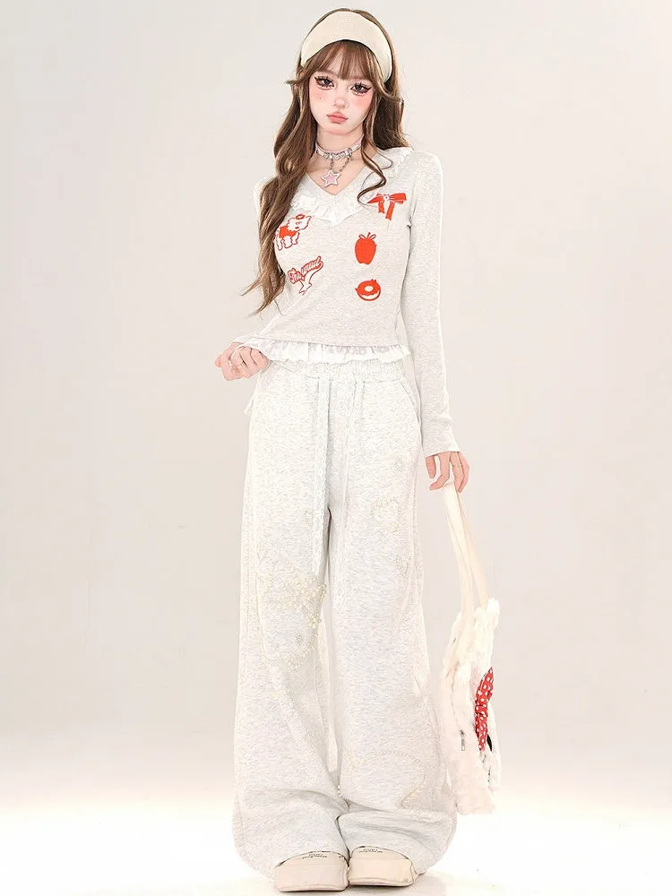 Black/Grey Cartoon V-neck Slim-fit Top Lace Trim