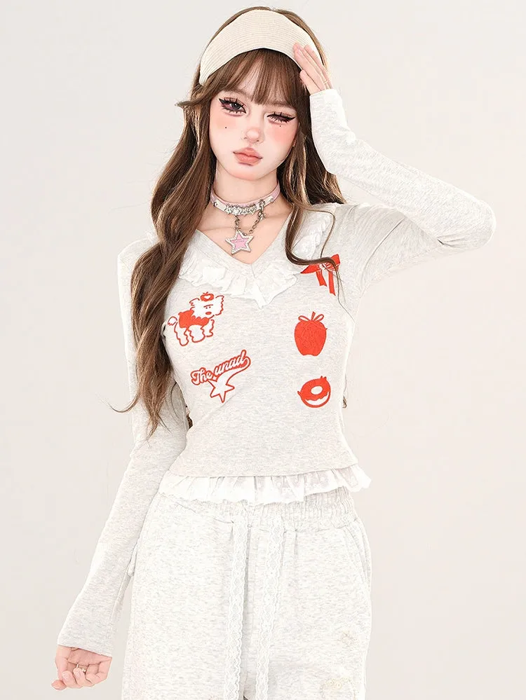 Black/Grey Cartoon V-neck Slim-fit Top Lace Trim