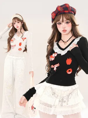 Black/Grey Cartoon V-neck Slim-fit Top Lace Trim