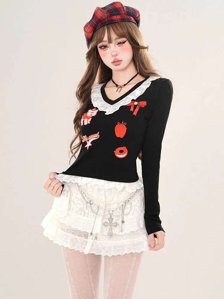Black/Grey Cartoon V-neck Slim-fit Top Lace Trim