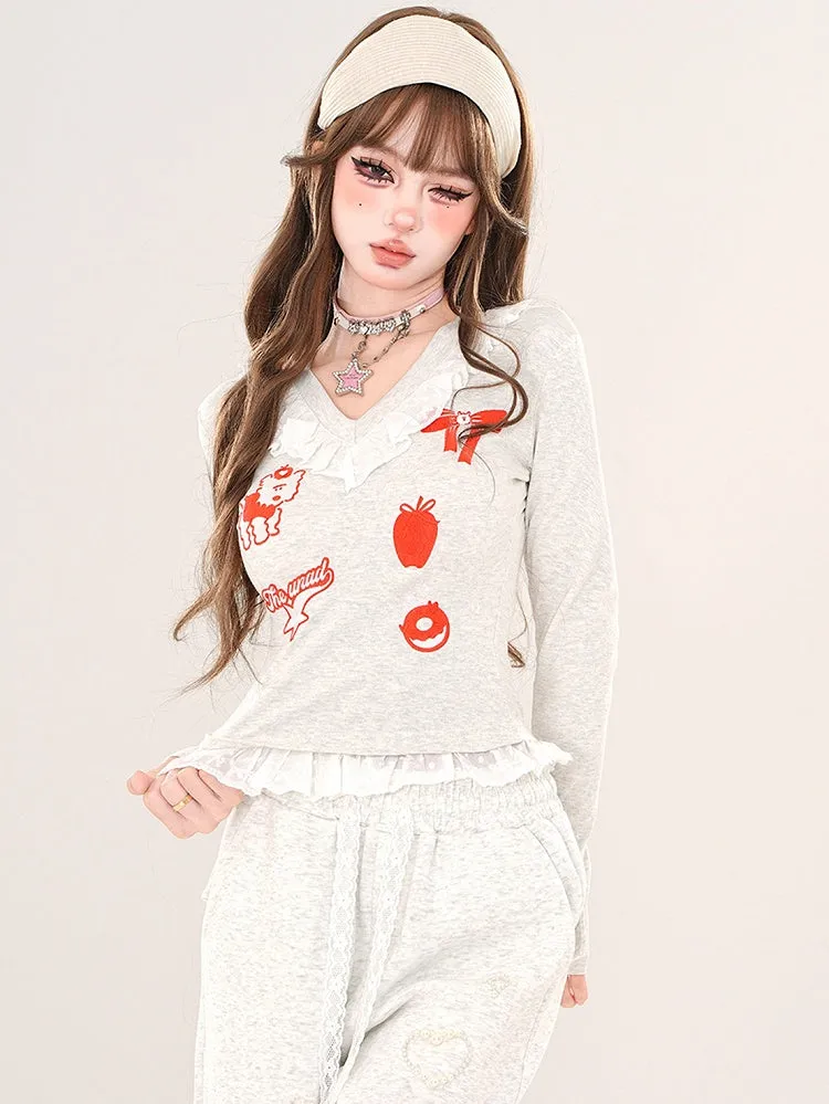 Black/Grey Cartoon V-neck Slim-fit Top Lace Trim