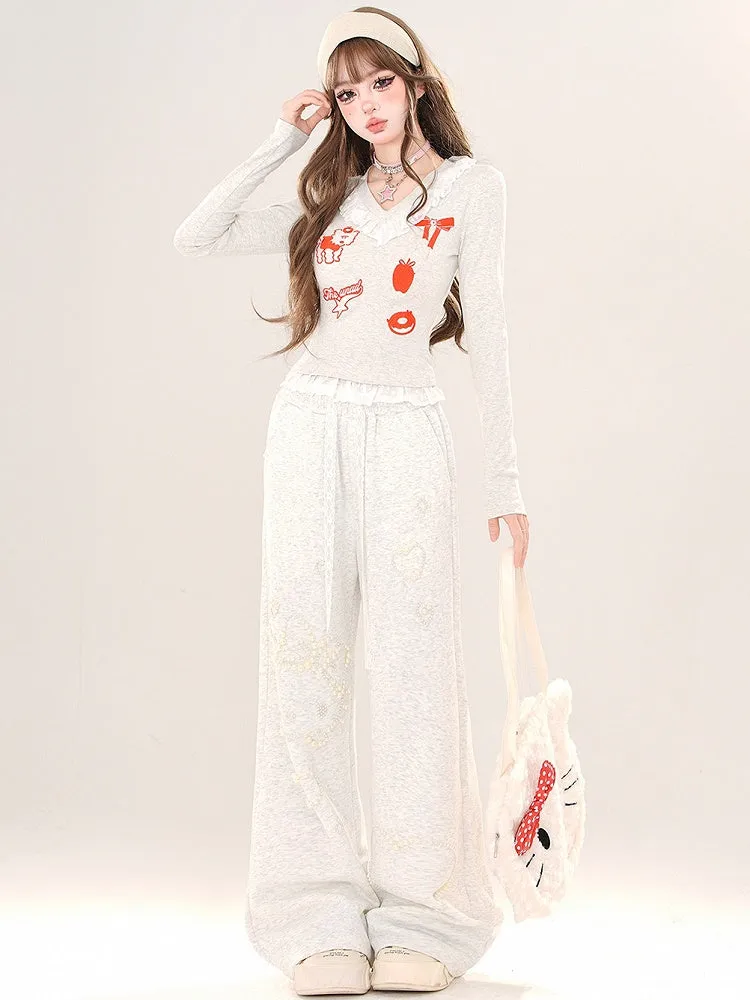 Black/Grey Cartoon V-neck Slim-fit Top Lace Trim