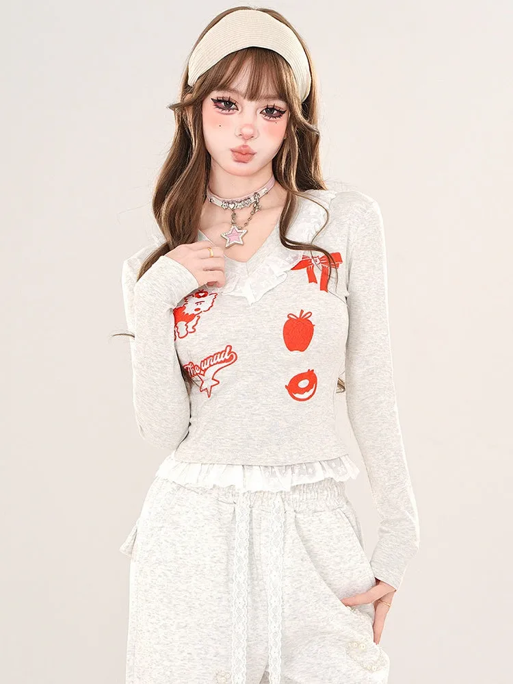 Black/Grey Cartoon V-neck Slim-fit Top Lace Trim