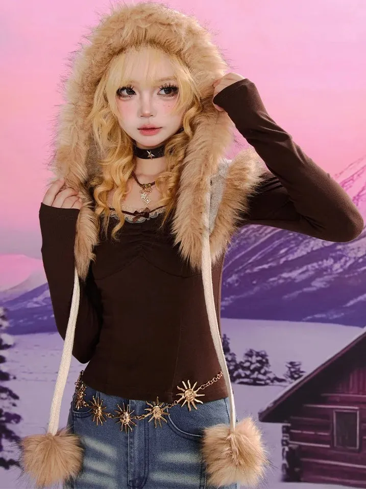 Coffee Lace Trim Square Neckline Slim-fit Top