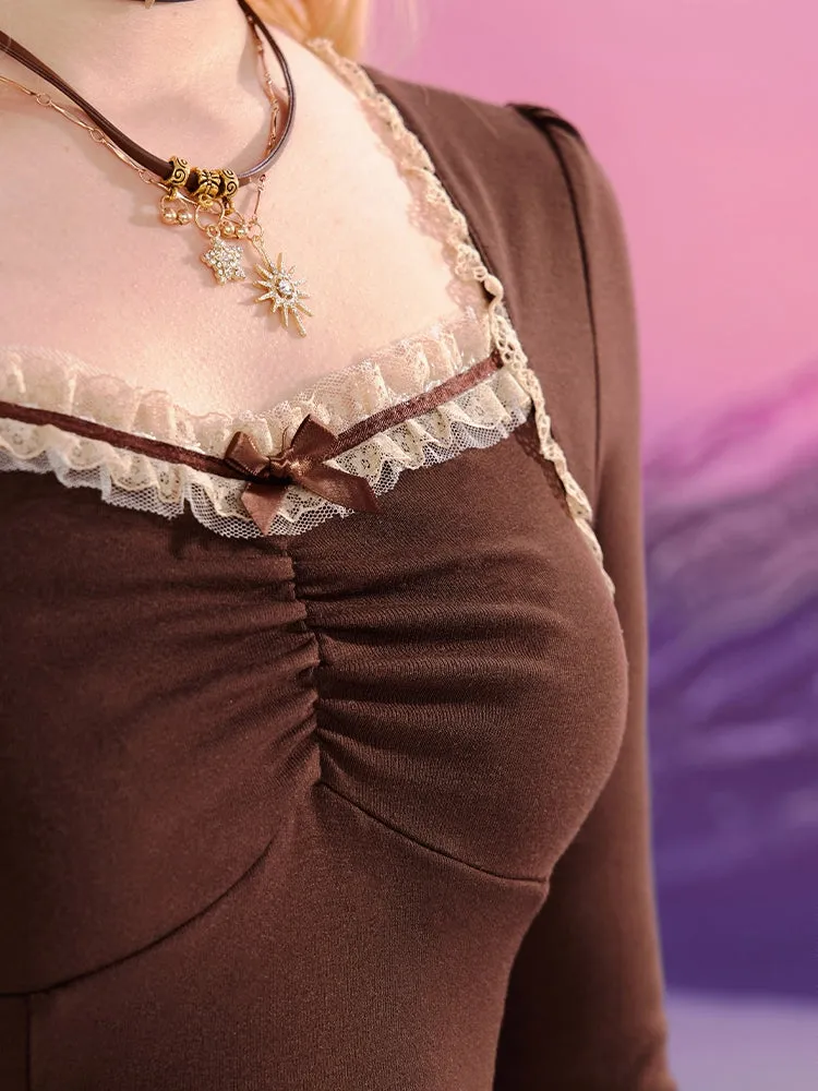 Coffee Lace Trim Square Neckline Slim-fit Top