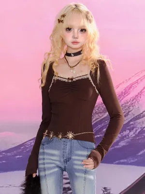 Coffee Lace Trim Square Neckline Slim-fit Top