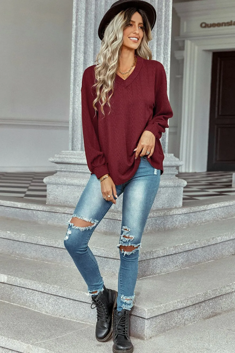 Dropped Shoulder Cable-Knit Top