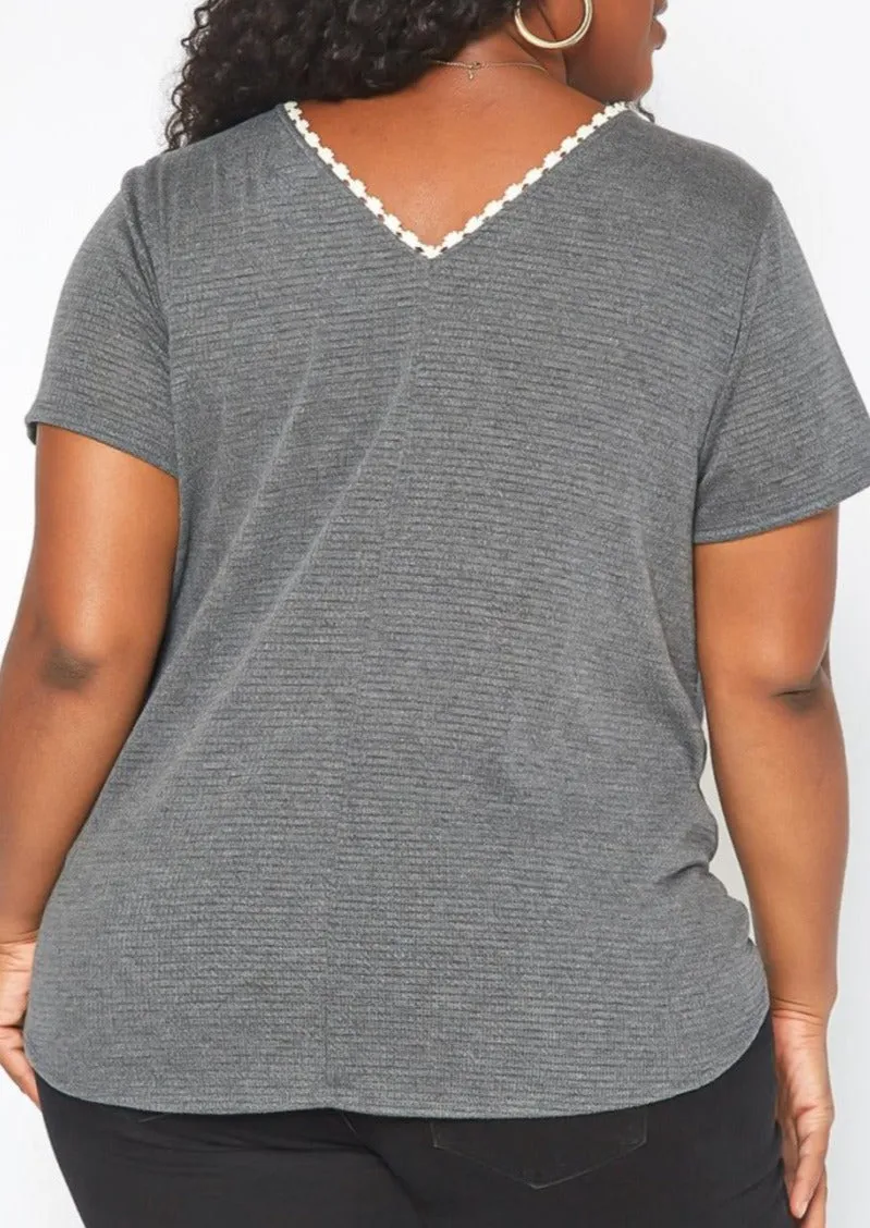 Hi Curvy Plus Size Women Crochet Trim V Neck Shirt
