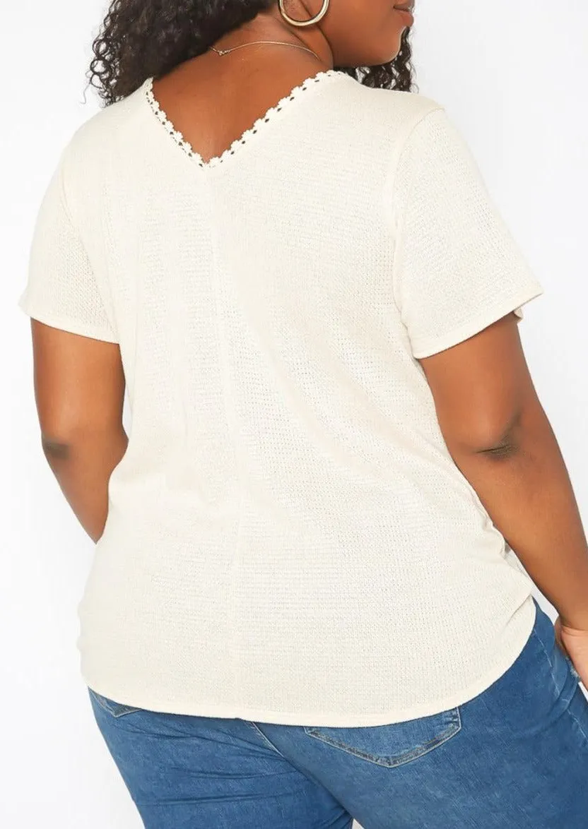 Hi Curvy Plus Size Women Crochet Trim V Neck Shirt