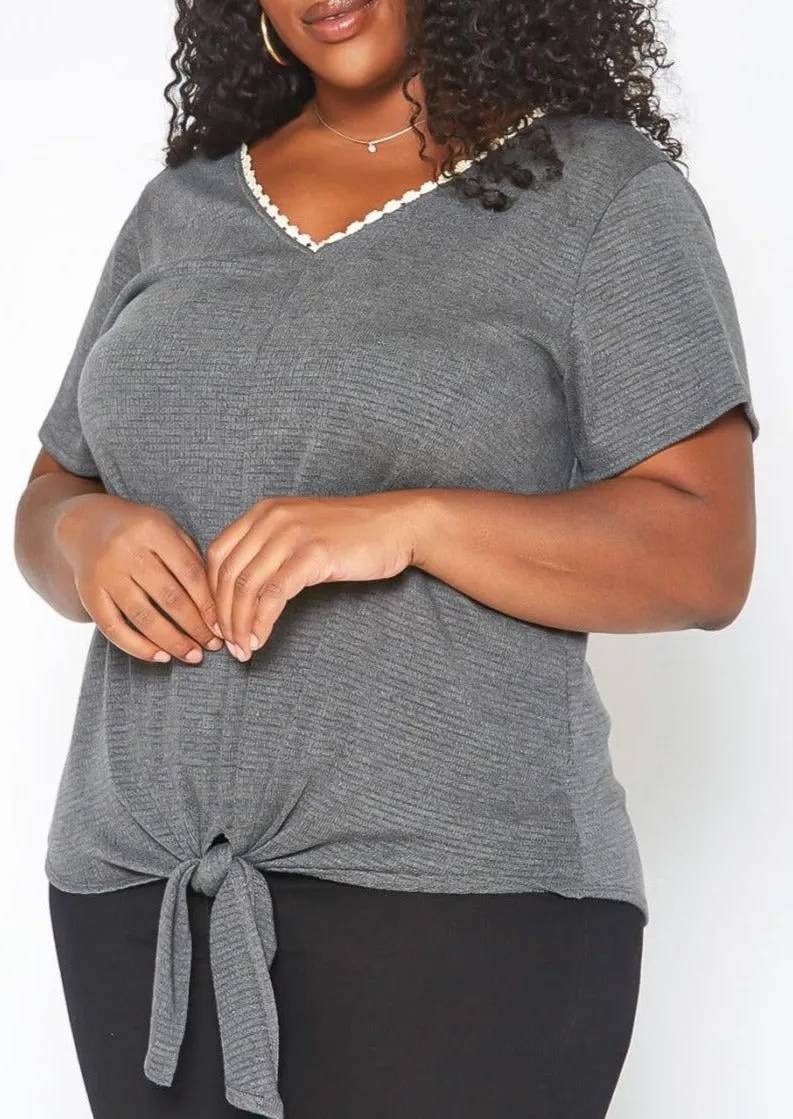 Hi Curvy Plus Size Women Crochet Trim V Neck Shirt