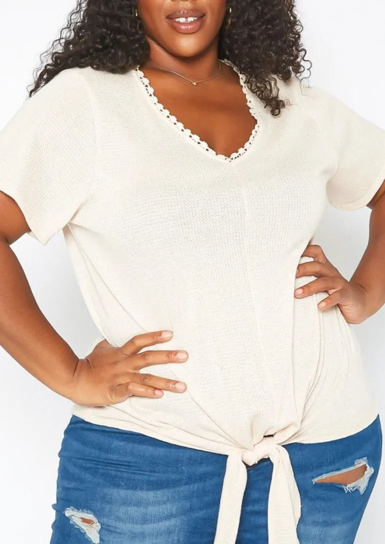 Hi Curvy Plus Size Women Crochet Trim V Neck Shirt