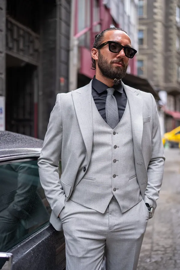 Light Gray Slim Fit 3 Piece Peak Lapel Suit for men by GentWith