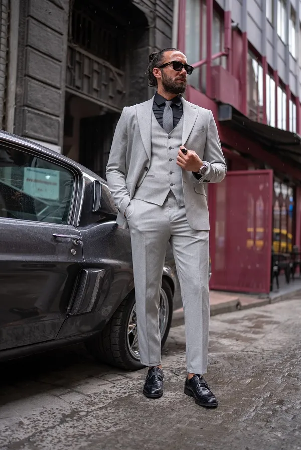Light Gray Slim Fit 3 Piece Peak Lapel Suit for men by GentWith