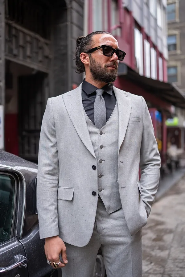 Light Gray Slim Fit 3 Piece Peak Lapel Suit for men by GentWith