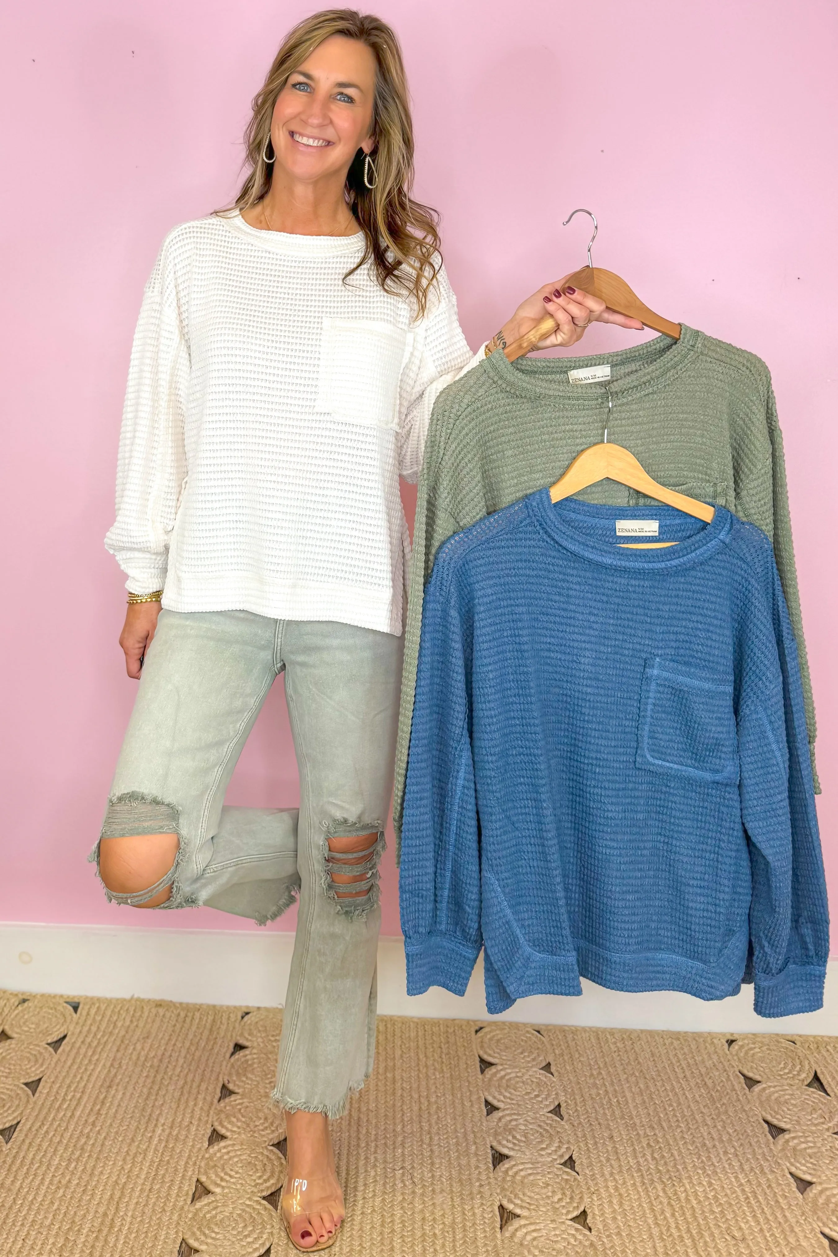 Live For The Weekend Olive Waffle Knit Long Sleeve Sweater Top