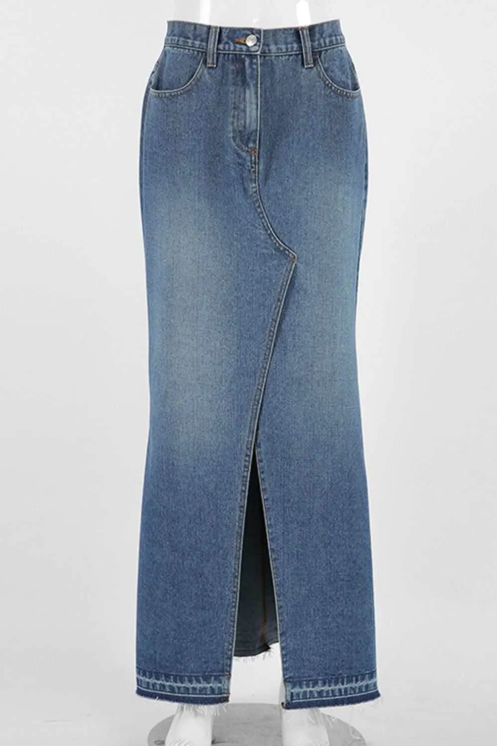 Slit Front Raw Hem Denim Maxi Skirt