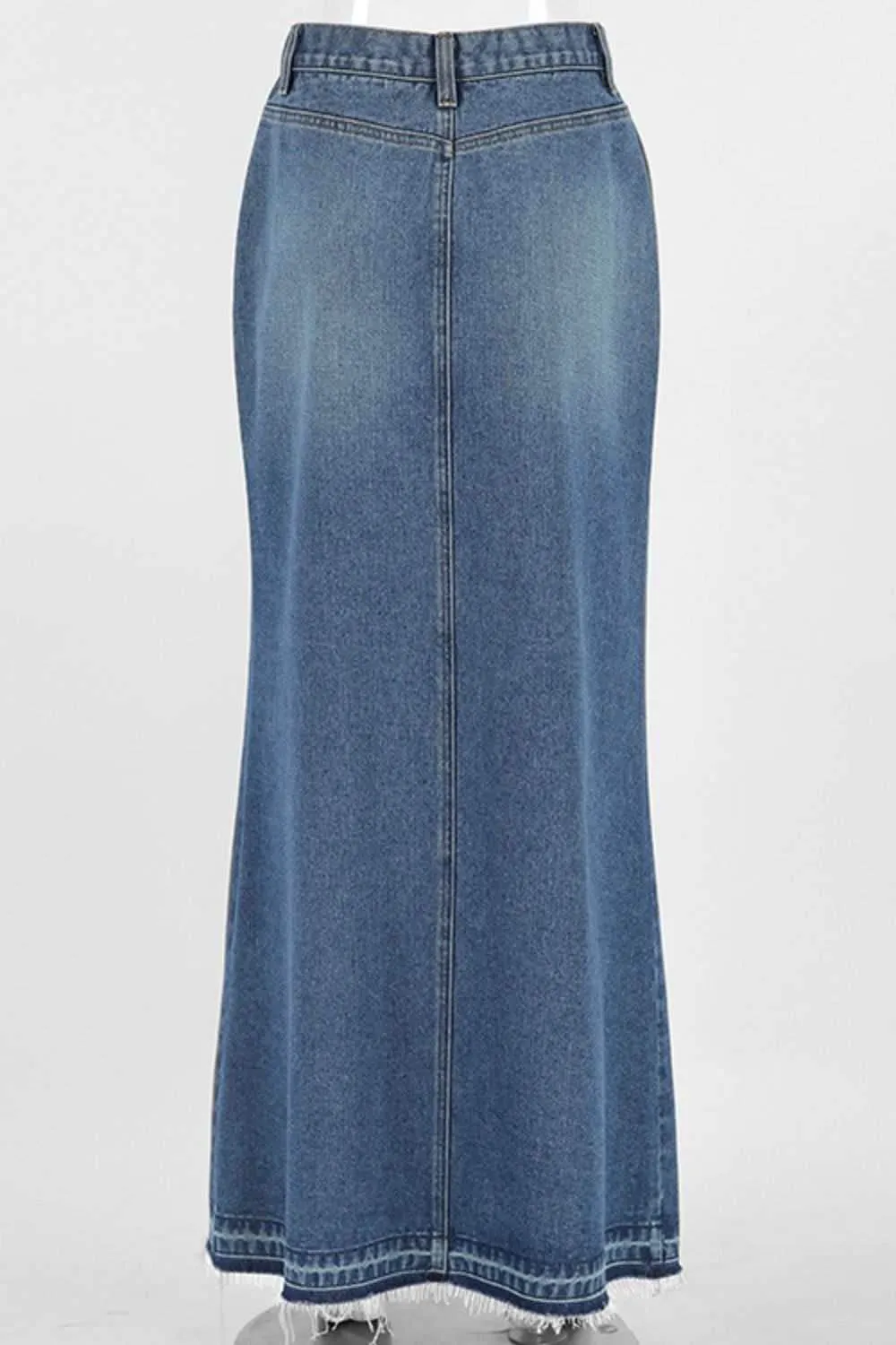 Slit Front Raw Hem Denim Maxi Skirt