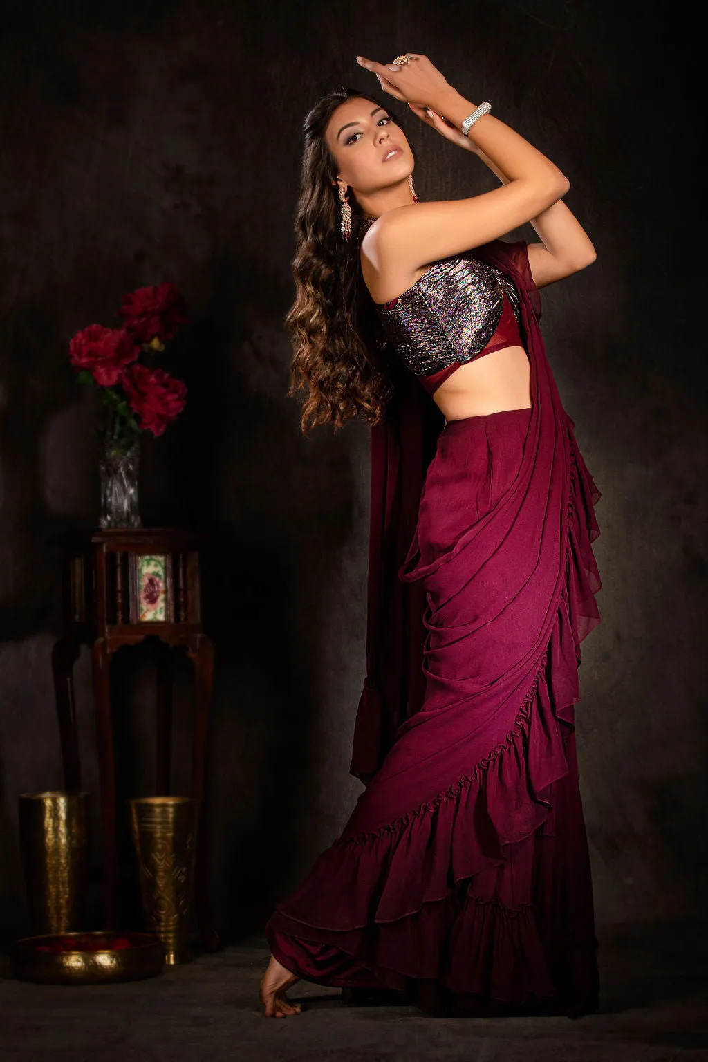 Stylish Plum Ruffle Saree