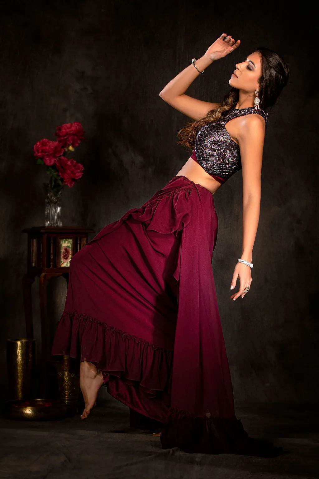 Stylish Plum Ruffle Saree